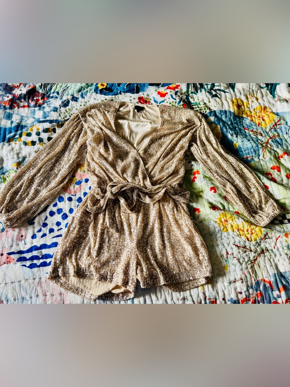 Gold Sequin Long Sleeve Wrap Romper Size